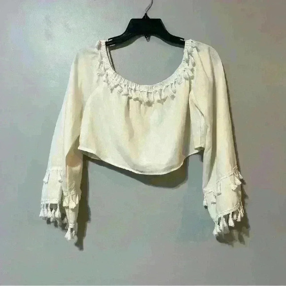 Tops - Women’s Linen Cropped Long Sleeve OFF SHOULDER Macrame size LARGE WHITE Beach